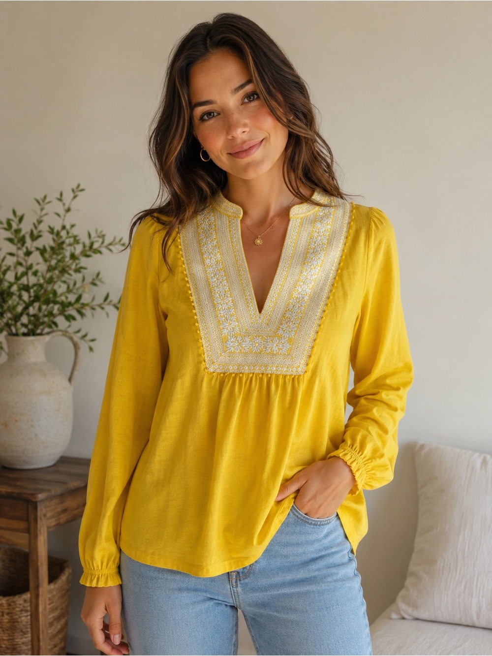 Boden Embroidered Yellow V-Neck Tunic Top